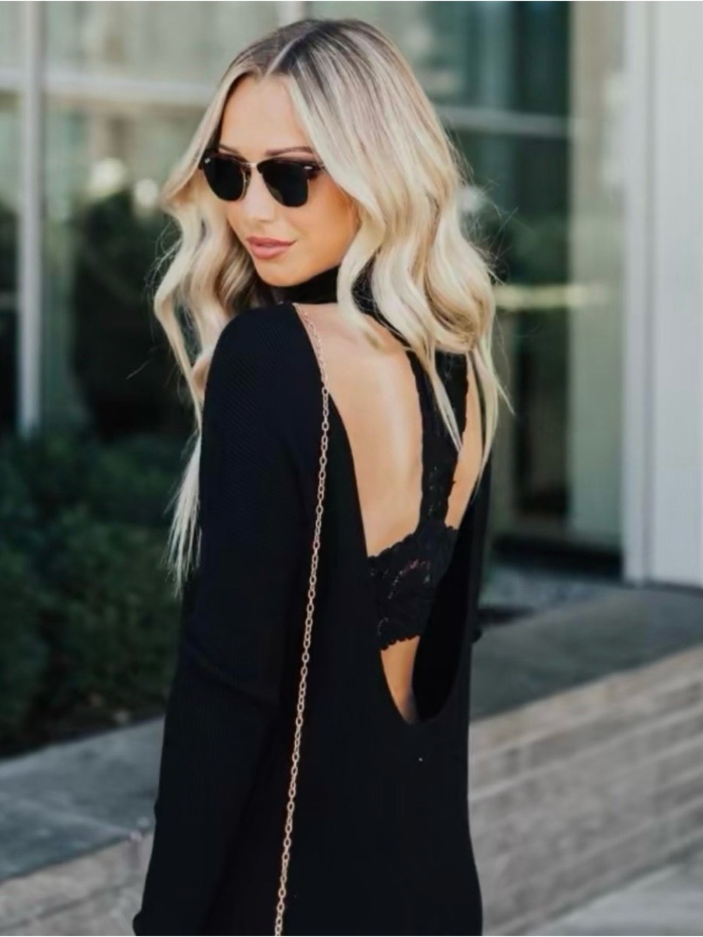 Black Open-Back Long-Sleeve Top
